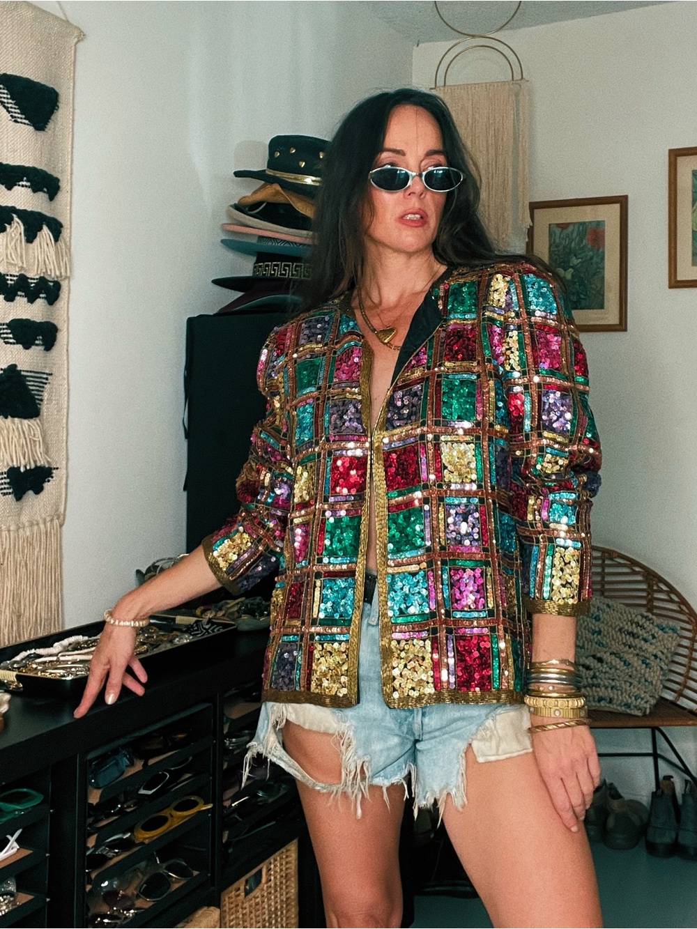 90s Laurence Kazar Multicolor Sequin Patchwork Jacket with Gold Trim - Picture 10 of 13